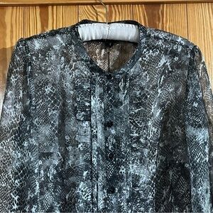 Christian Siriano Striking Sheer Animal Print Ruffle Detail Button Up Blouse